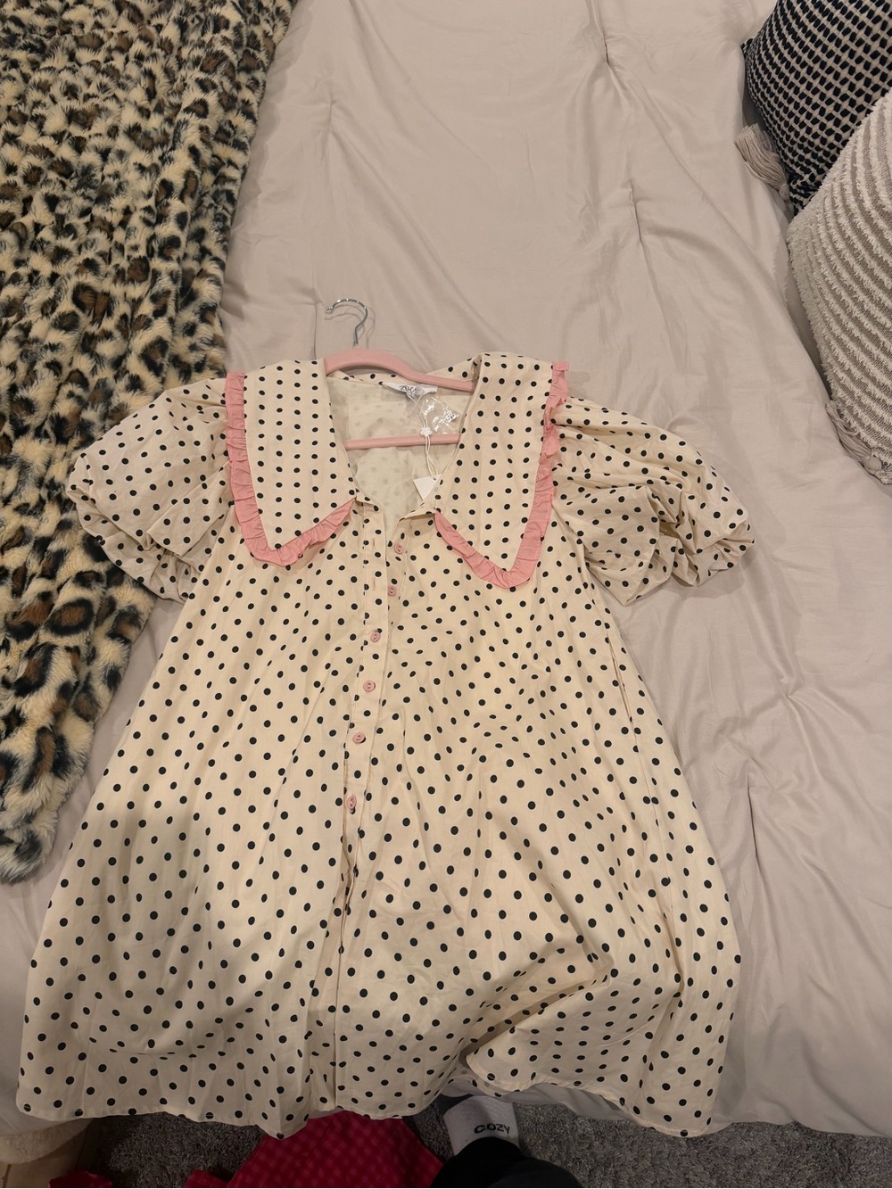Polka Dot Button-Front Blouse Dress with Pink Trim Collar